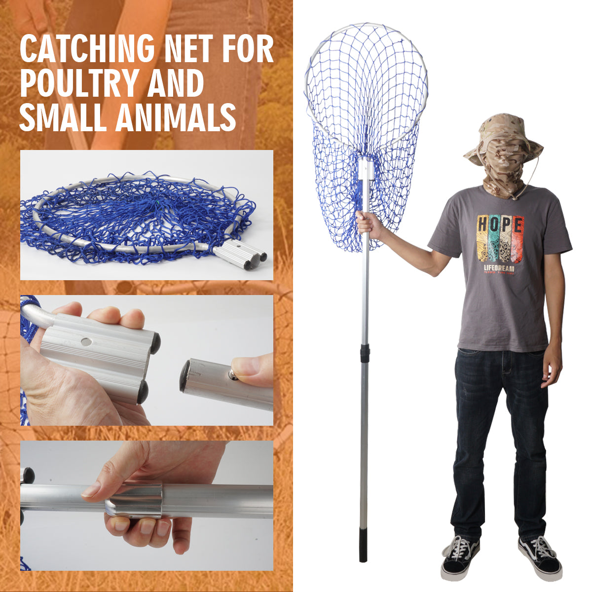 Animal Control Catch Net Pole Tool for Poultry and Small Animals (61" Handle with 17.7" Diameter Bow)