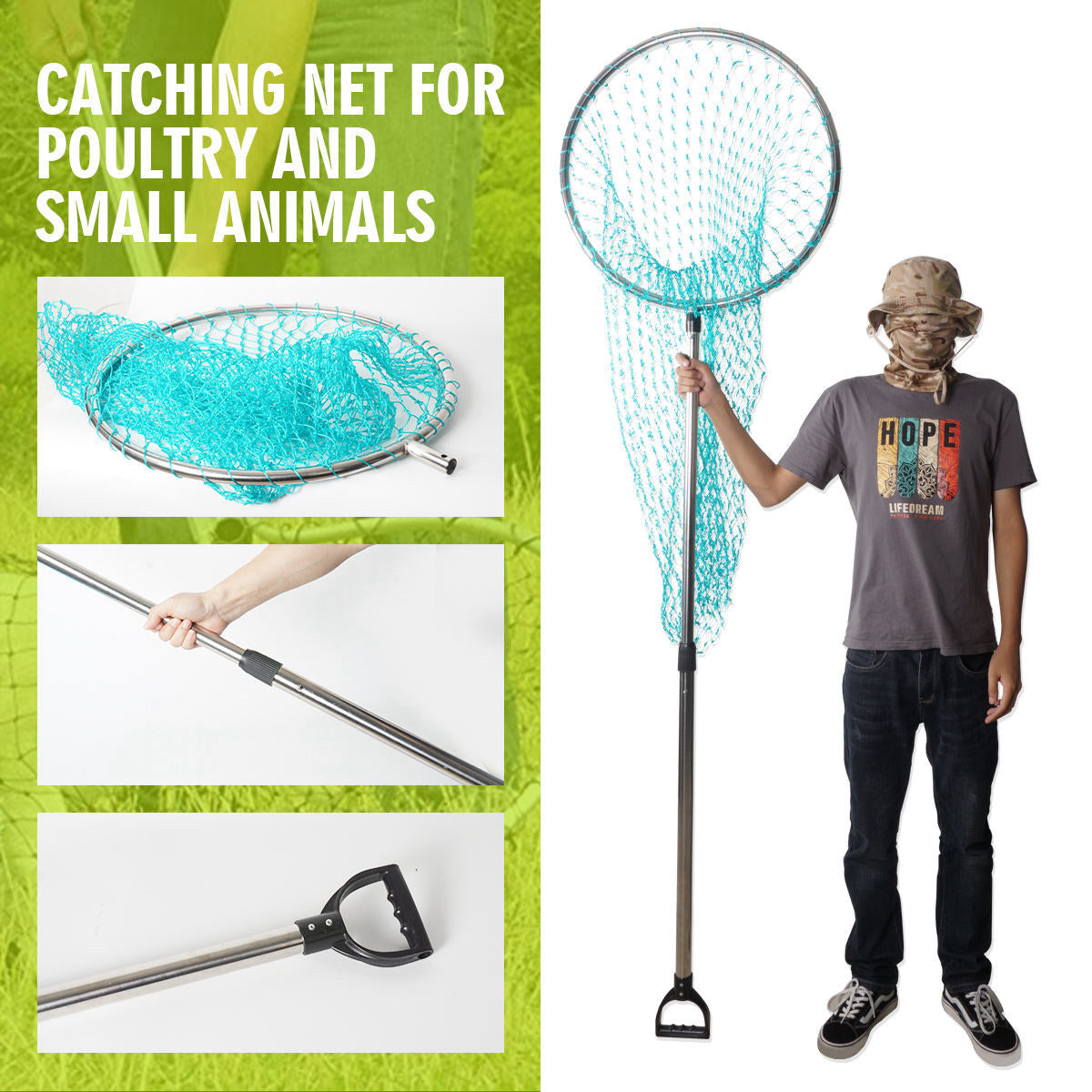 Stainless Steel Animal Control Catch Net Pole Tool for Dog Shoat Goat Cat Boar Hog Pig Racoon Possum Skunk Goose Chickens Pigeon - Heavy Duty